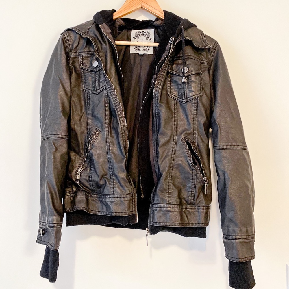 Women’s Black Fitted Leather Jacket with Hood NWOT